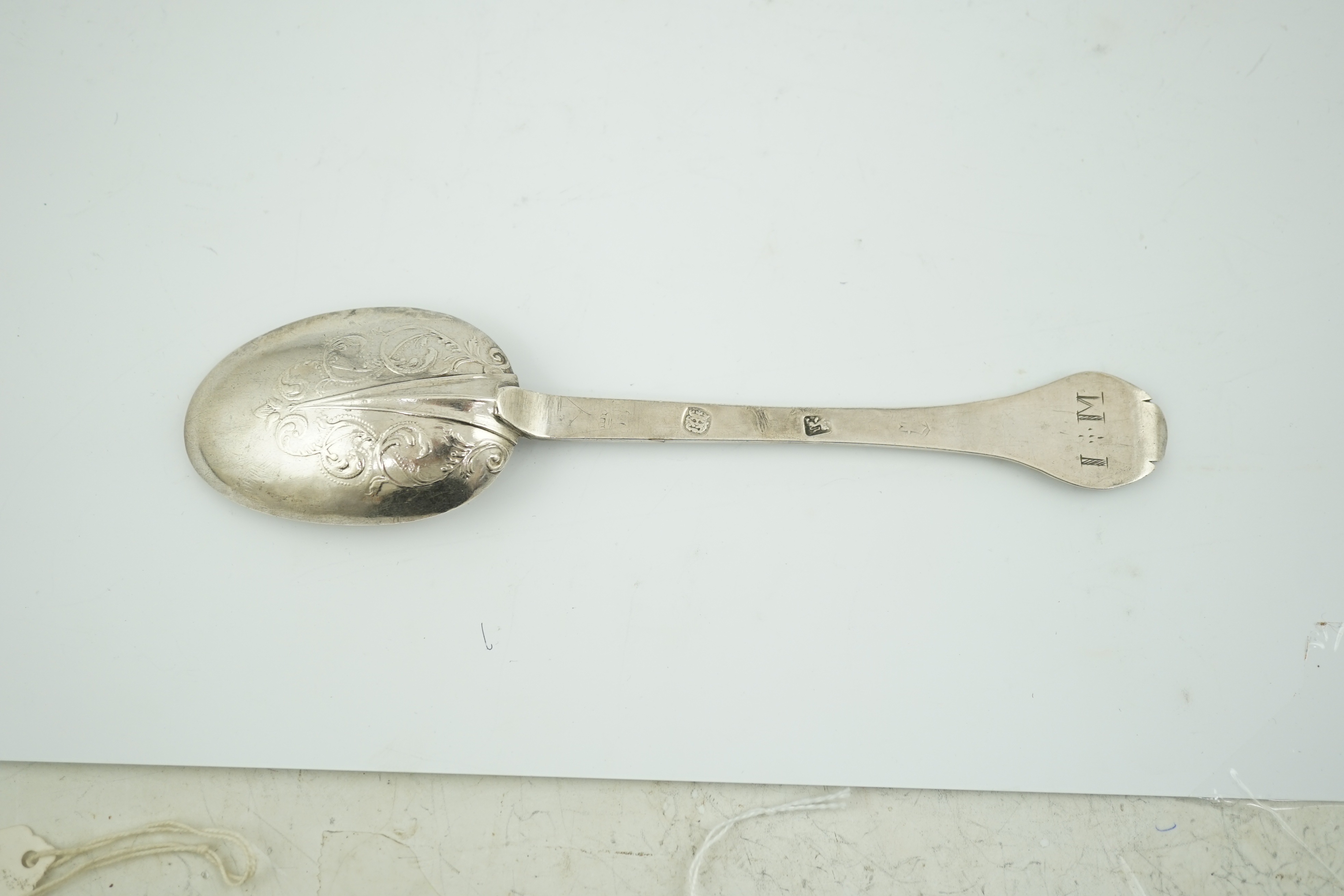 A James II silver trefid spoon, maker ?H beneath a crown